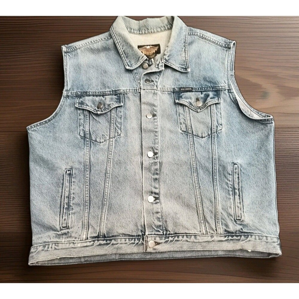 Vintage Harley Davidson Blue Jean Denim Vest Jacket Embroidered Logo Back XL